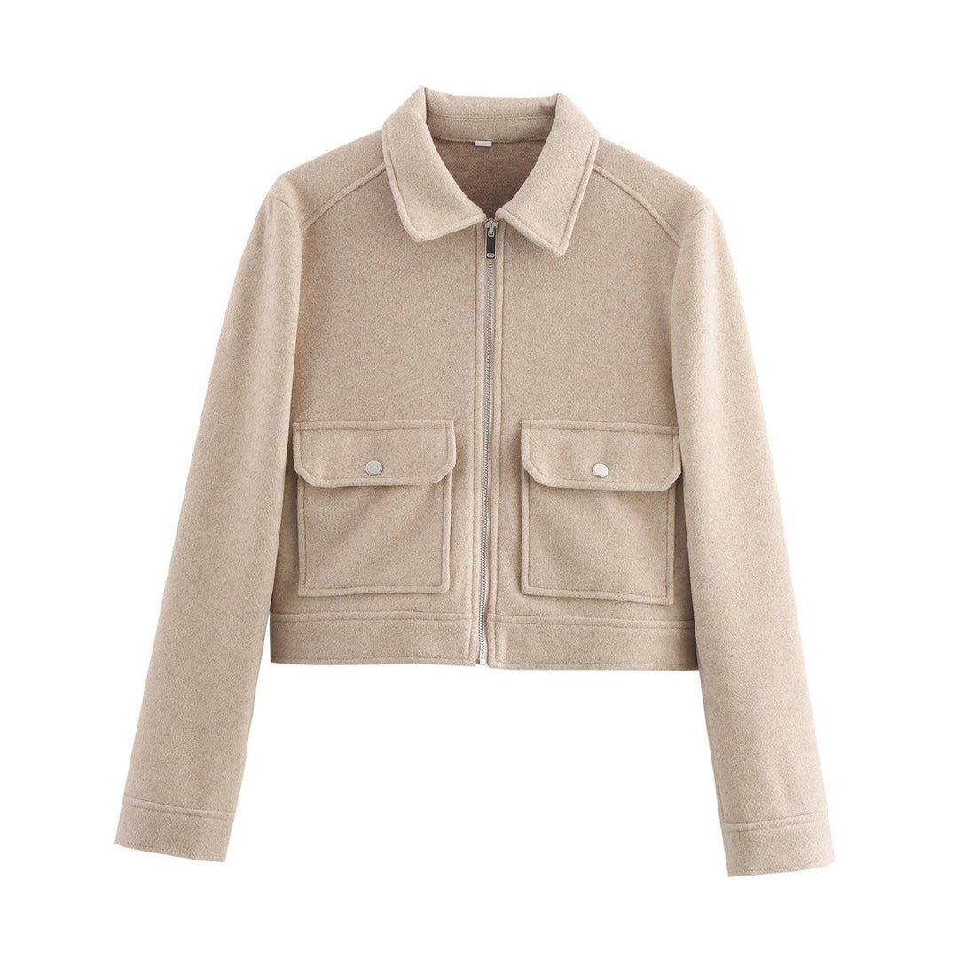 Damen kurz geschnittene Wolloptik-Blousonjacke mit durchgehendem Reißverschluss und aufgesetzten Klappentaschen – Célinea