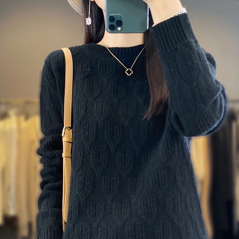Damen Weicher Mohair‑Look Rundhalspullover mit erhabener Tulpenstruktur Echoarchiv