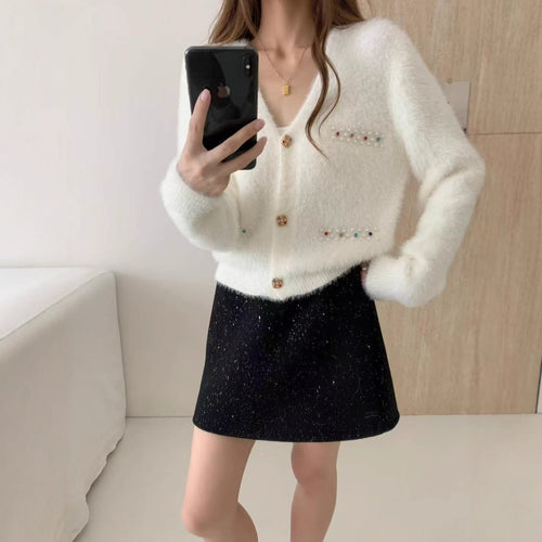 Damen Verspielter V-Ausschnitt Cardigan mit Perlen Echo Archiv