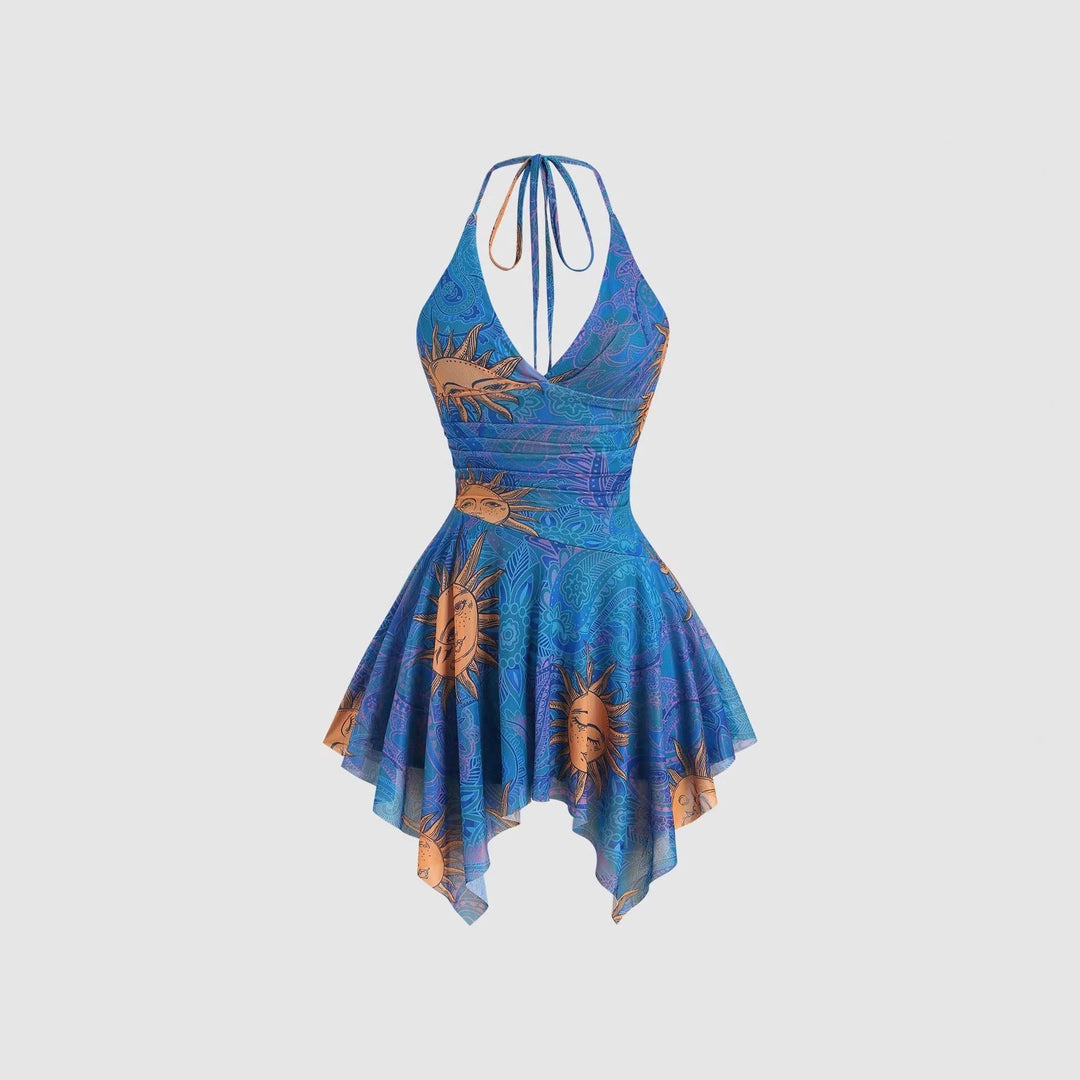 Damen lässiges Strandkleid mit asymmetrischem Saum und raffiniertem Druck Echoarchiv