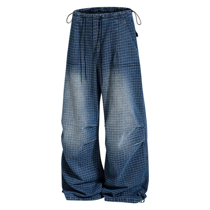 Damen Weite High‑Waist Culotte-Jeans mit Kordelzug, Karomuster und verstellbarem Saum Echoarchiv