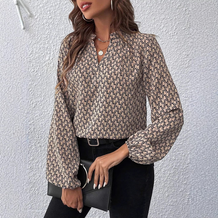 Damen Gemusterte Viskose-Bluse mit Stehkragen und Ballonärmeln – Élovi