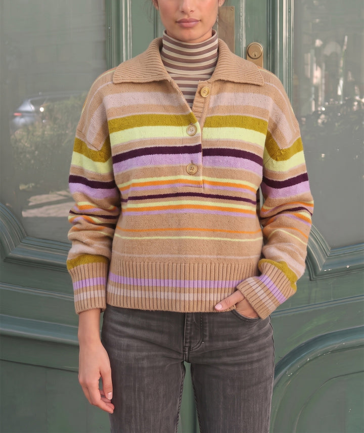 Damen Gestreifter Strickpullover mit Polokragen & Knopfleiste Echoarchiv