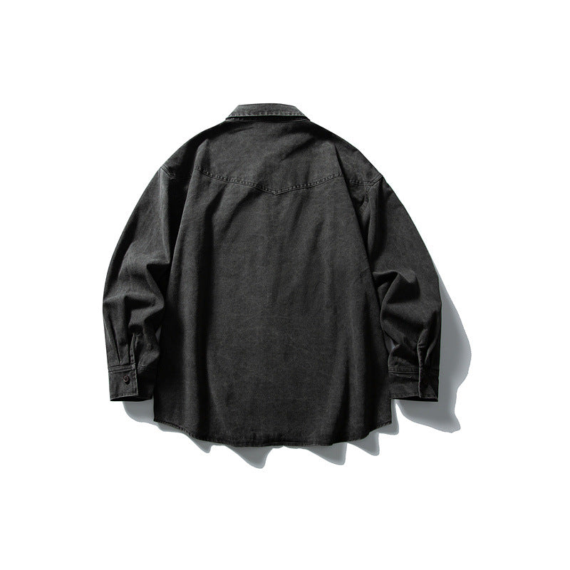 Unisex Oversize Baumwoll-Denim Hemdjacke mit aufgesetzten Brusttaschen und gerundetem Saum Echoarchiv