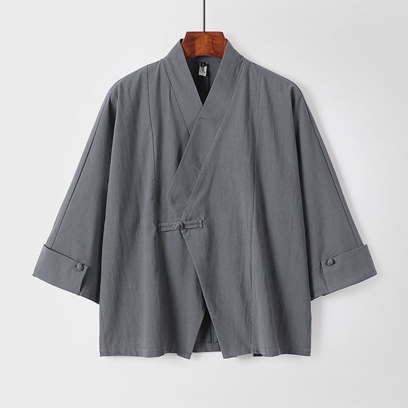 Herren Leinen-Kimono-Jacke mit traditionellem Knotenverschluss und mittel-langen Ärmeln Echoarchiv