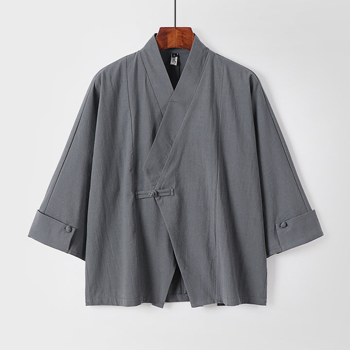 Herren Leinen-Kimono-Jacke mit traditionellem Knotenverschluss und mittel-langen Ärmeln Echoarchiv