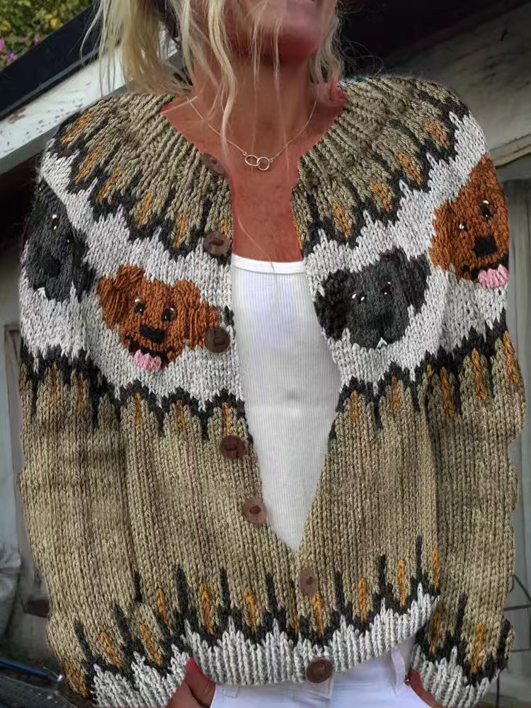 Damen nan gemusterte Strickjacke mit Rundpasse, Holzknöpfen und Eingrifftaschen Echo Archiv