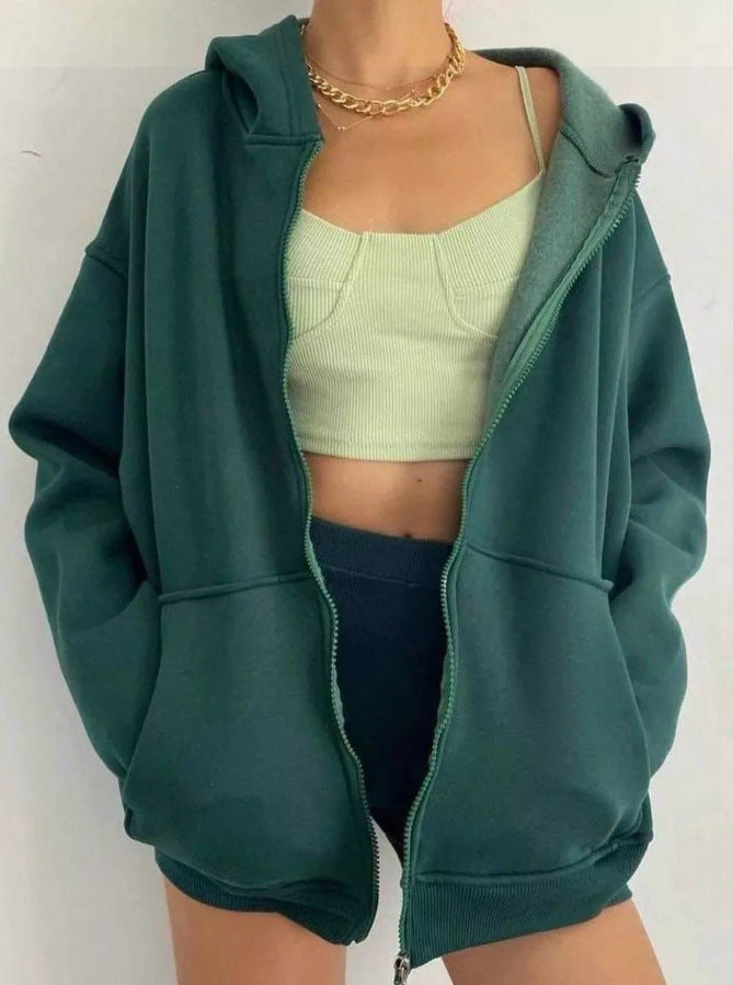 Damen nan minimalistisches French-Terry Zip-Hoodie mit durchgehendem Reißverschluss, Kängurutasche und Daumenloch-Ärmeln Echo Archiv