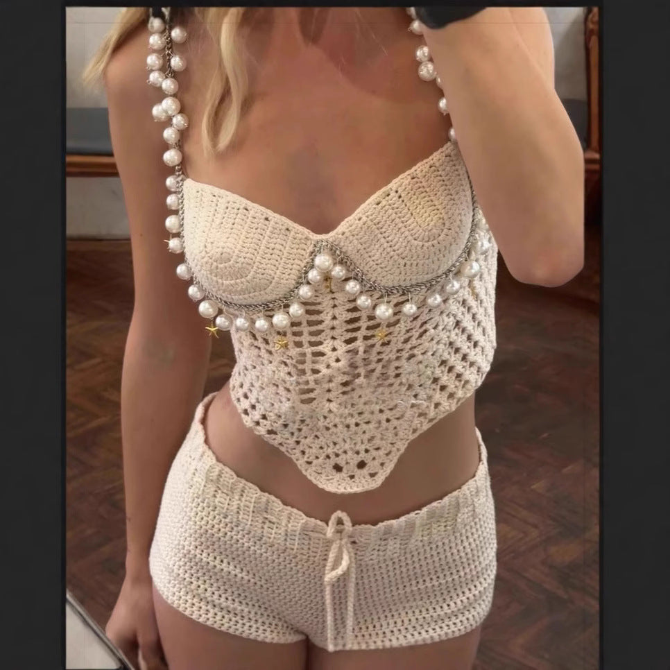 Damen Kuscheliges Häkeloberteil mit perlenbesetztem Träger und Shorts Echo Archiv