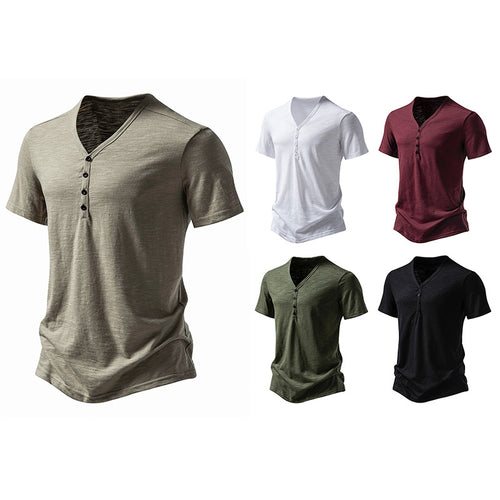 Herren Kurzarm-Henley-Shirt mit V-Ausschnitt und Knopfleiste Echoarchiv