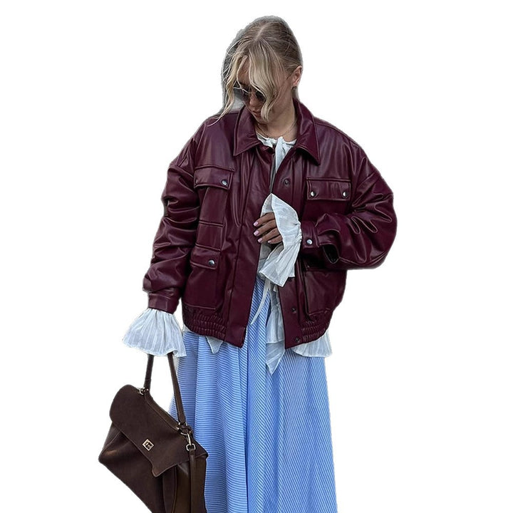 Damen Oversize Kunstlederjacke mit aufgesetzten Druckknopf-Taschen und elastischem Saum Echoarchiv