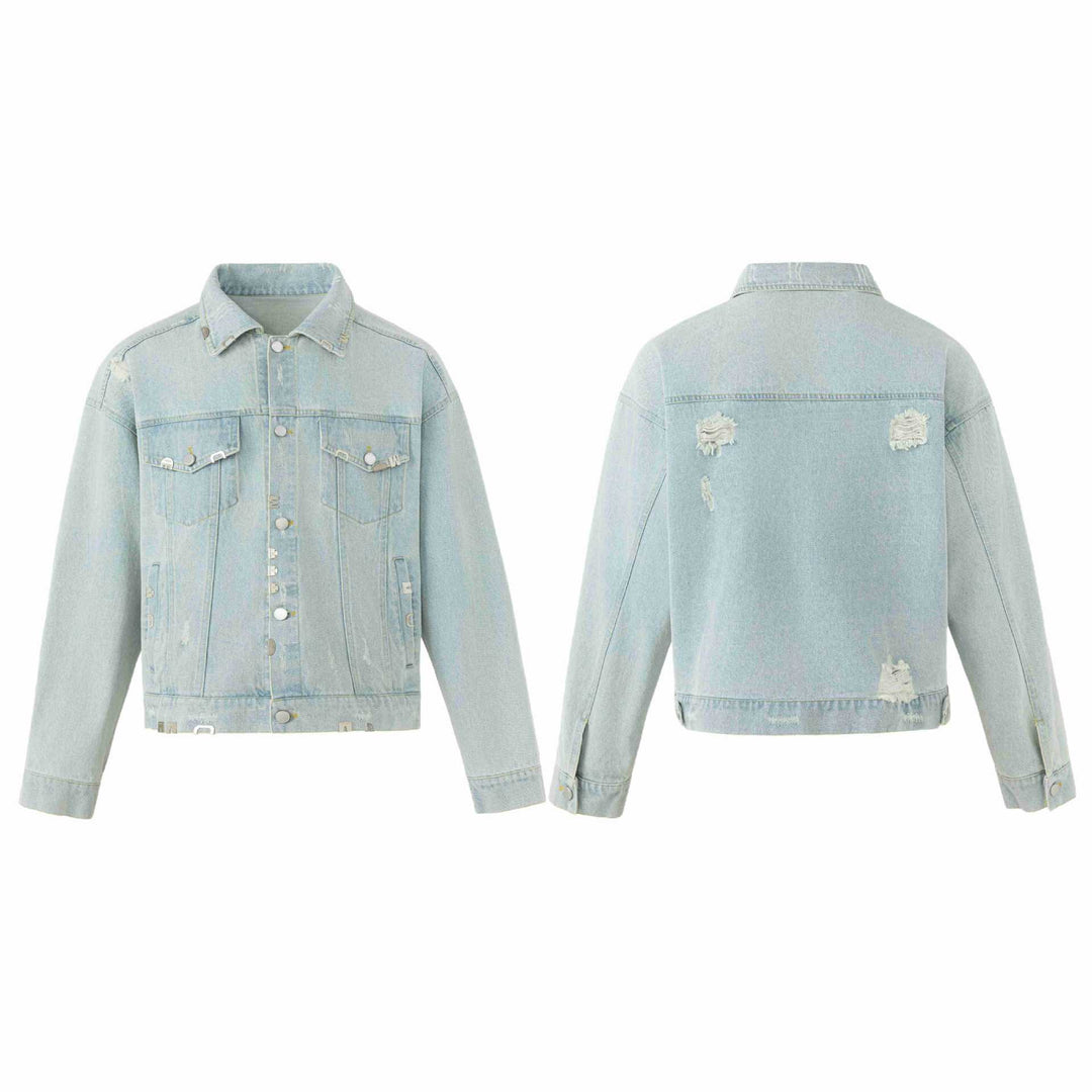 Unisex Kastig geschnittene Jeansjacke mit Logo‑Nieten und Vintage‑Washed‑Effekt Echoarchiv