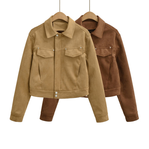 Damen Kurze Velours-Optik Jacke mit Druckknopf-Leiste und aufgesetzten Brusttaschen Echoarchiv