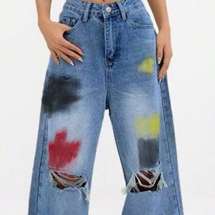 Damen weite Denim-Jeans mit Paint‑Splatter und Distressed-Knie Echo Archiv