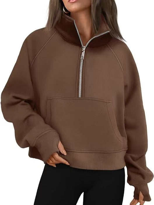 Damen oversized Halbzip Pullover mit Kängurutasche, Daumenlöchern und hohem Kragen – Auréline