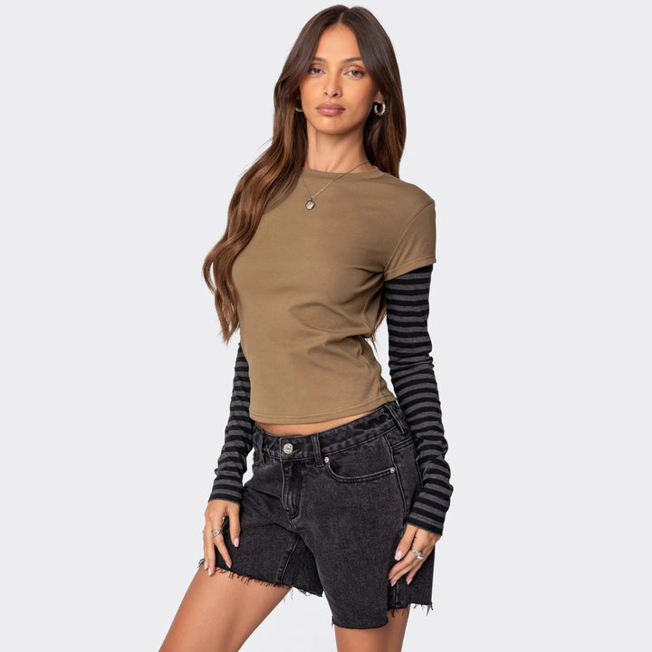 Damen modisches Langarmshirt mit einzigartigen Streifen und kurzem Schnitt Echo Archiv