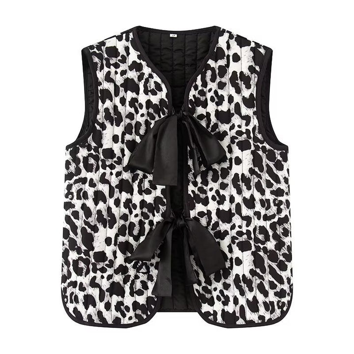 Damen nan gesteppte Weste mit dekorativem Schleifenverschluss und modischem Animalprint Echo Archiv