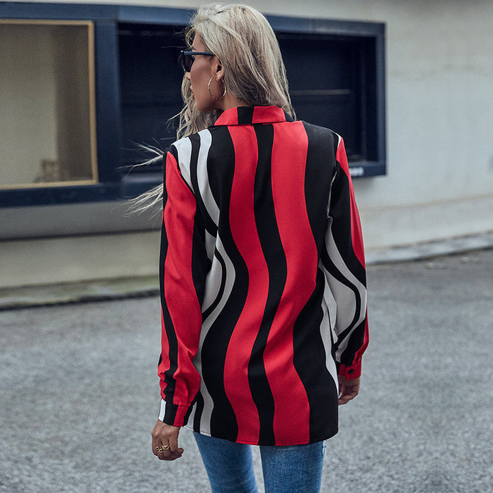 Damen Langarm-Hemdbluse mit Knotenfront, Hemdblusenkragen und vertikalen Streifen Echoarchiv