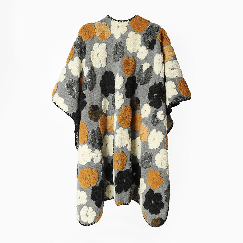 Damen Floraler Wollmix-Überwurf im Deckenponcho-Stil mit strukturiertem Blumen‑Jacquard und Zierkettelung – Avérine