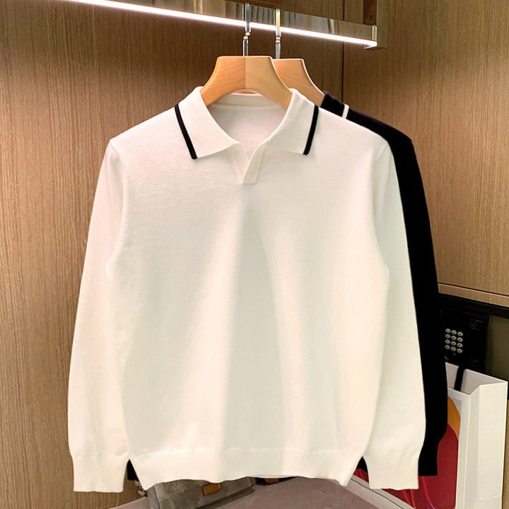 Herren Feinstrick-Polopullover mit offenem Polokragen und kontrastierter Kanten Echoarchiv