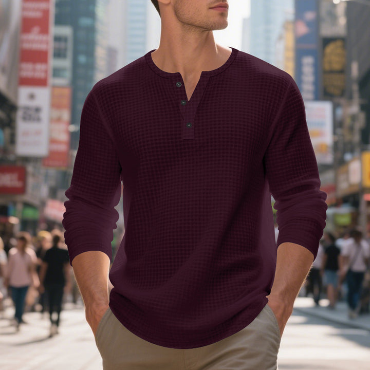 Herren Langarm Henley-Shirt aus atmungsaktivem Waffelmaterial mit dekorativen Knöpfen Echoarchiv
