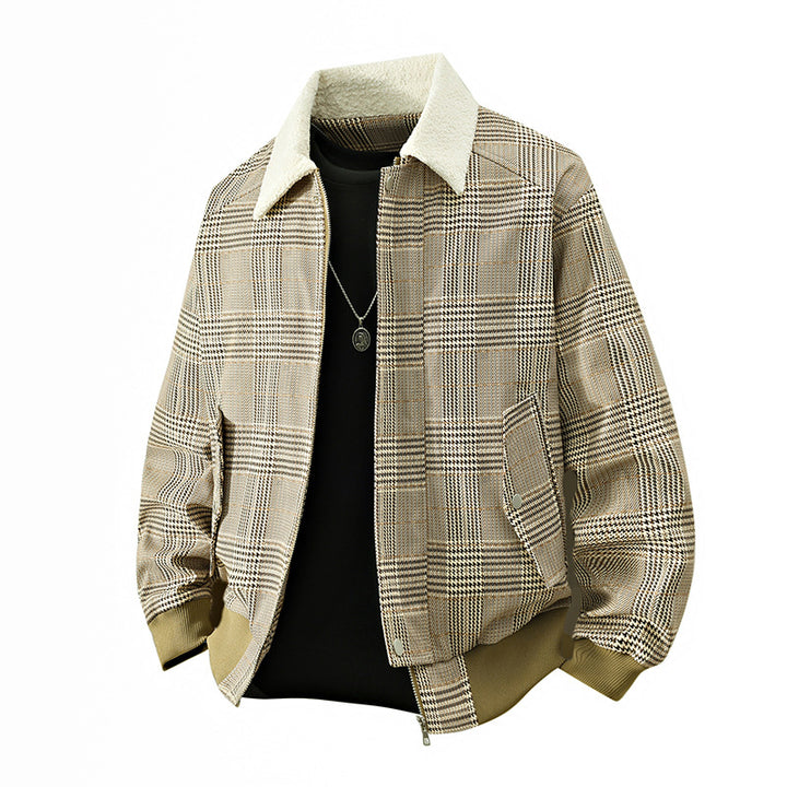 Herren kariertes Bomber-Übergangsjacke mit Teddykragen & gerippten Bündchen Echoarchiv
