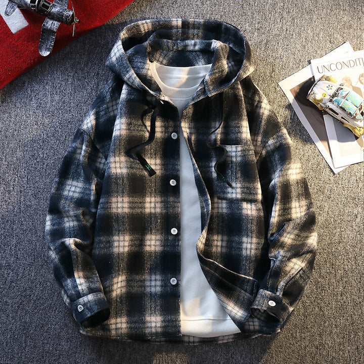 Herren Karierte Flanelljacke mit Kapuze und Knopfverschluss Echoarchiv