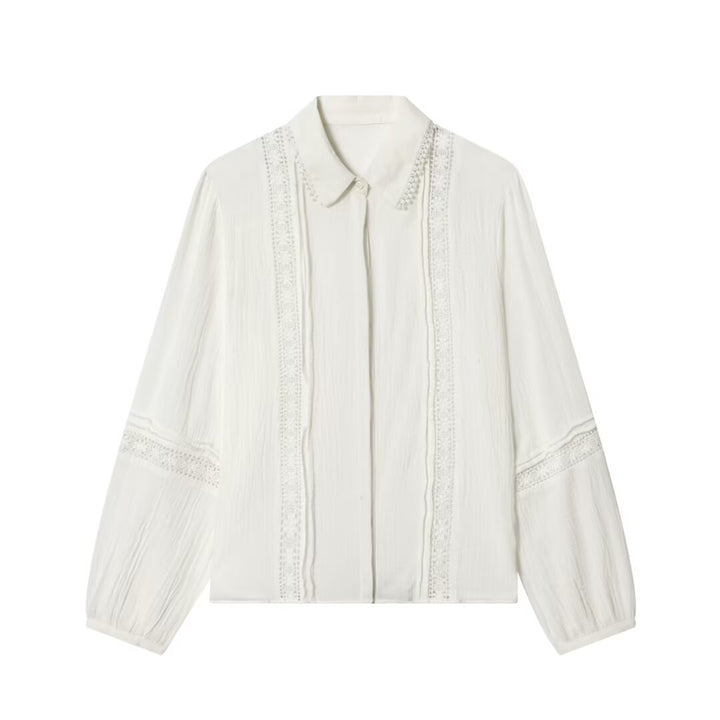 Damen Bluse mit zarter Spitzenapplikation, verdeckter Knopfleiste und Ballonärmeln Echo Archiv