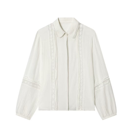 Damen Bluse mit zarter Spitzenapplikation, verdeckter Knopfleiste und Ballonärmeln Echo Archiv