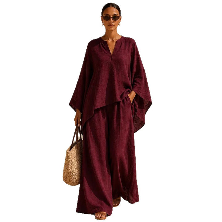 Damen Leichte Leinenmischung Übergroße Kaftan-Oberteil und Kordelzug Weitbein-Hosen Set – Élanora