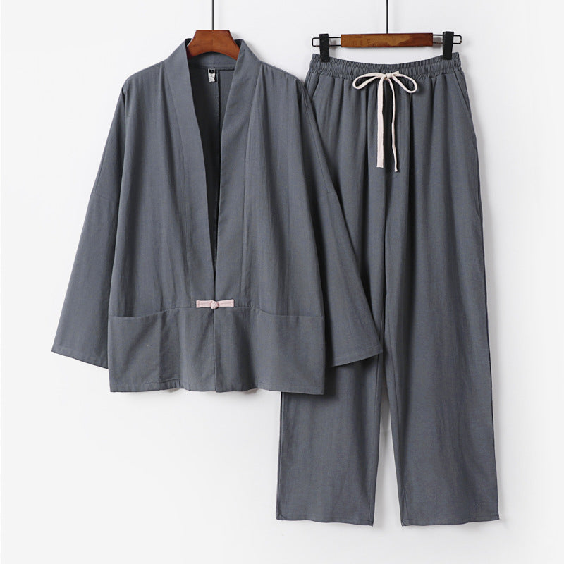 Herren Zen-inspiriertes Kimono-Loungewear-Set aus leichter Baumwollmischung mit offenem Schnitt und Kordelbundhose Echoarchiv