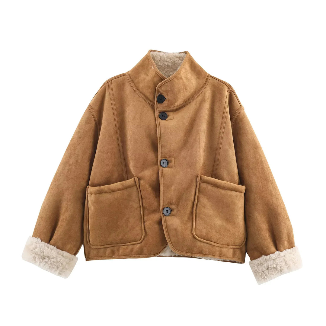 Damen kurze Oversize Lammfelloptik Jacke mit Schalkragen und großen aufgesetzten Taschen – Célinea