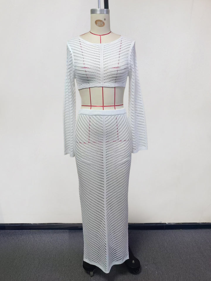 Damen elegantes gehäkeltes Set mit langärmligem Crop-Top und figurbetonendem Rock Echo Archiv