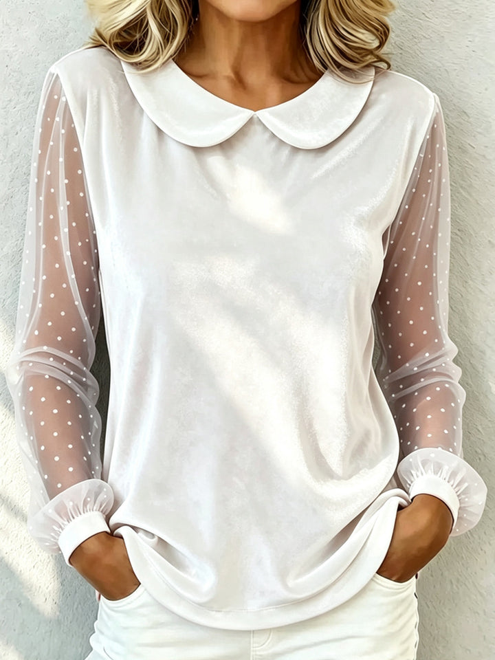 Damen Kuschelige Samtbluse mit Peter-Pan-Kragen und gepunkteten Mesh-Ärmeln – Élovi