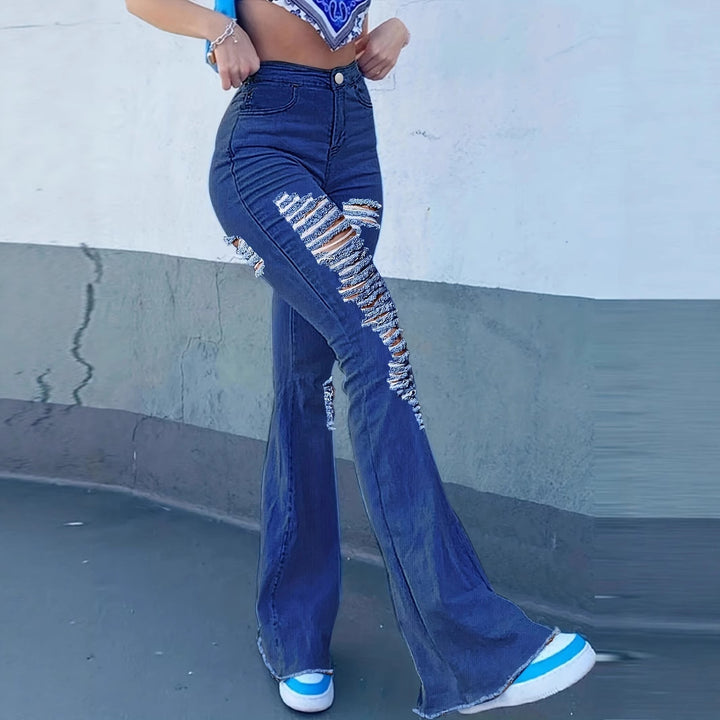 Damen High-Waist Flared-Jeans mit großflächigen Distressed-Rissen und sculptendem Komfortbund Echo Archiv