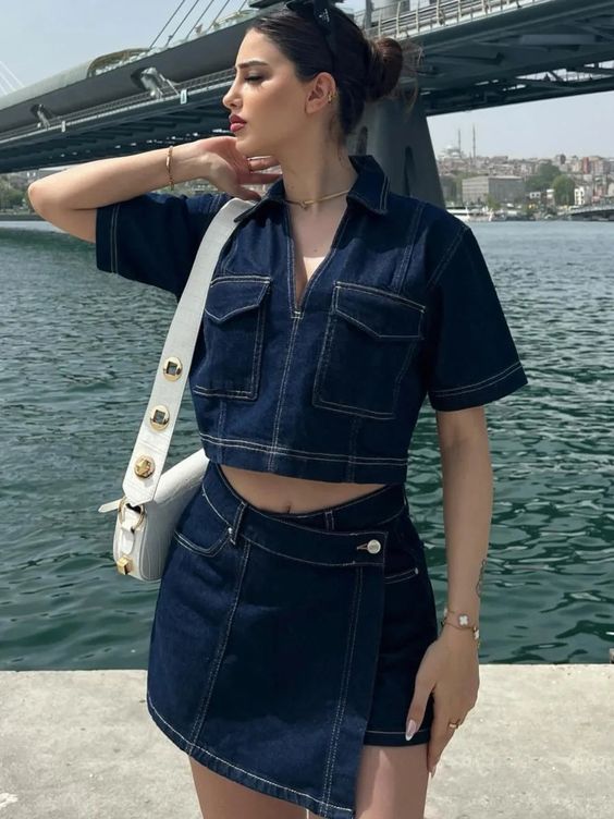 Damen modisches Denim-Kurzoberteil und Rock Set Echo Archiv