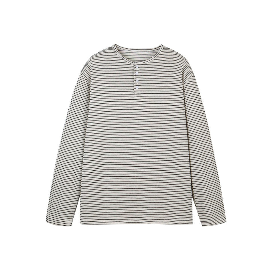Unisex Gestreiftes Henley-Langarmshirt im Oversize-Relaxed-Schnitt mit Knopfleiste Echoarchiv