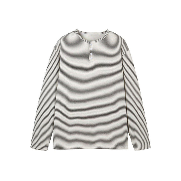 Unisex Gestreiftes Henley-Langarmshirt im Oversize-Relaxed-Schnitt mit Knopfleiste Echoarchiv