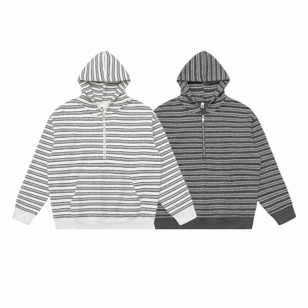 Unisex Gestreiftes Kapuzensweatshirt mit halbem Reißverschluss und Kängurutasche Echoarchiv