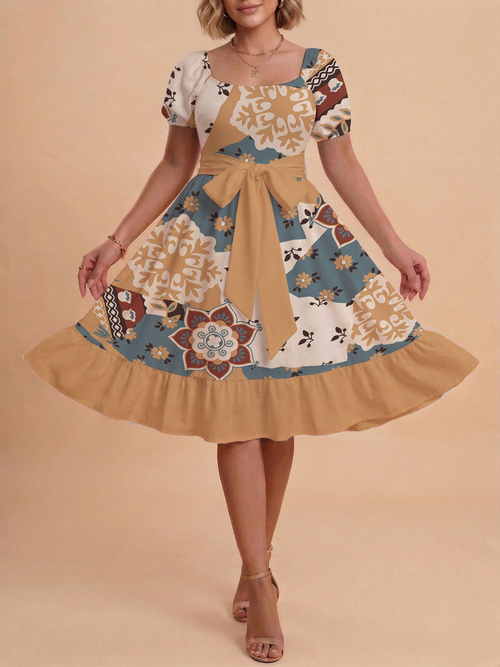 Damen Retro Maxikleid mit Puffärmeln und Taillengürtel Echo Archiv