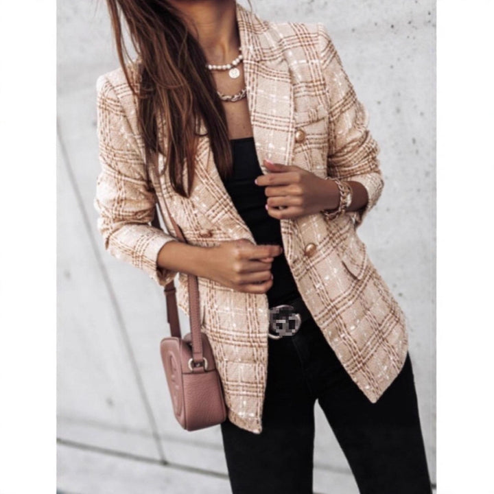 Damen nan eleganter Tweed-Blazer mit Doppelknopf, strukturierter Webung und aufgesetzten Taschen Echo Archiv