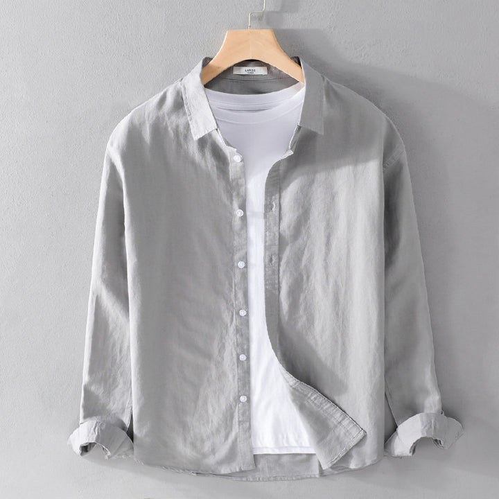 Herren Leinenmix-Layering-Overshirt mit Kentkragen, gerundetem Saum und Soft‑Touch Echoarchiv