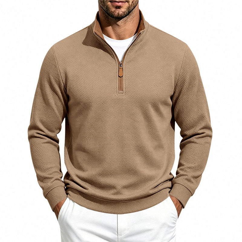 Herren Waffelstruktur-Halbzip-Sweatshirt mit Stehkragen, Kontrastfutter und Lederzipper Echoarchiv