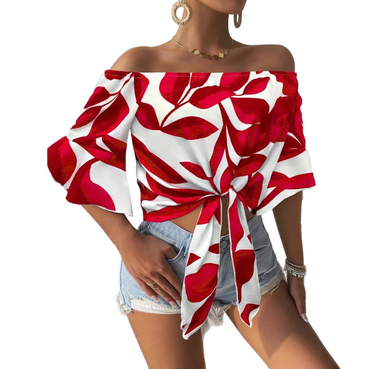 Damen Off-Shoulder Bluse mit floralem Muster und taillierbarem Knoten Echo Archiv