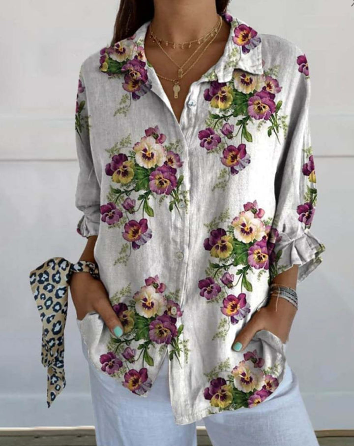 Damen nan leichte Leinenoptik-Hemdbluse mit Blumenmuster, lockerem Schnitt, krempelbaren Ärmeln und Eingrifftaschen Echo Archiv