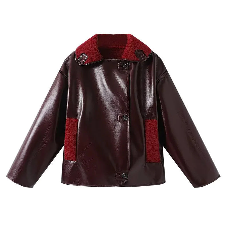 Damen nan kastige Kunstlederjacke mit Teddykragen und Taschenbesätzen Echo Archiv