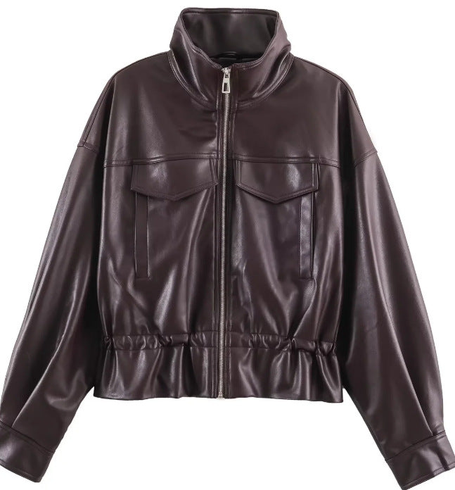 Damen Cropped Kunstleder‑Blouson mit Stehkragen, Pattentaschen und Tunnelzugtaillierung Echo Archiv