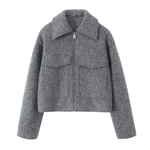 Damen kurzgeschnittene kastige Wollmix Jacke mit Reißverschluss Hemdkragen und aufgesetzten Pattentaschen – Célinea