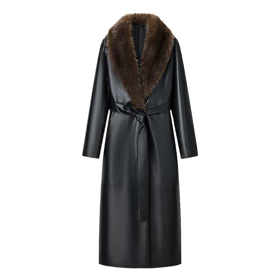 Damen Langer Ledermantel mit abnehmbarem Fellkragen und minimalistischer Silhouette Echo Archiv