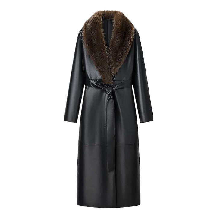 Damen Langer Ledermantel mit abnehmbarem Fellkragen und minimalistischer Silhouette Echo Archiv